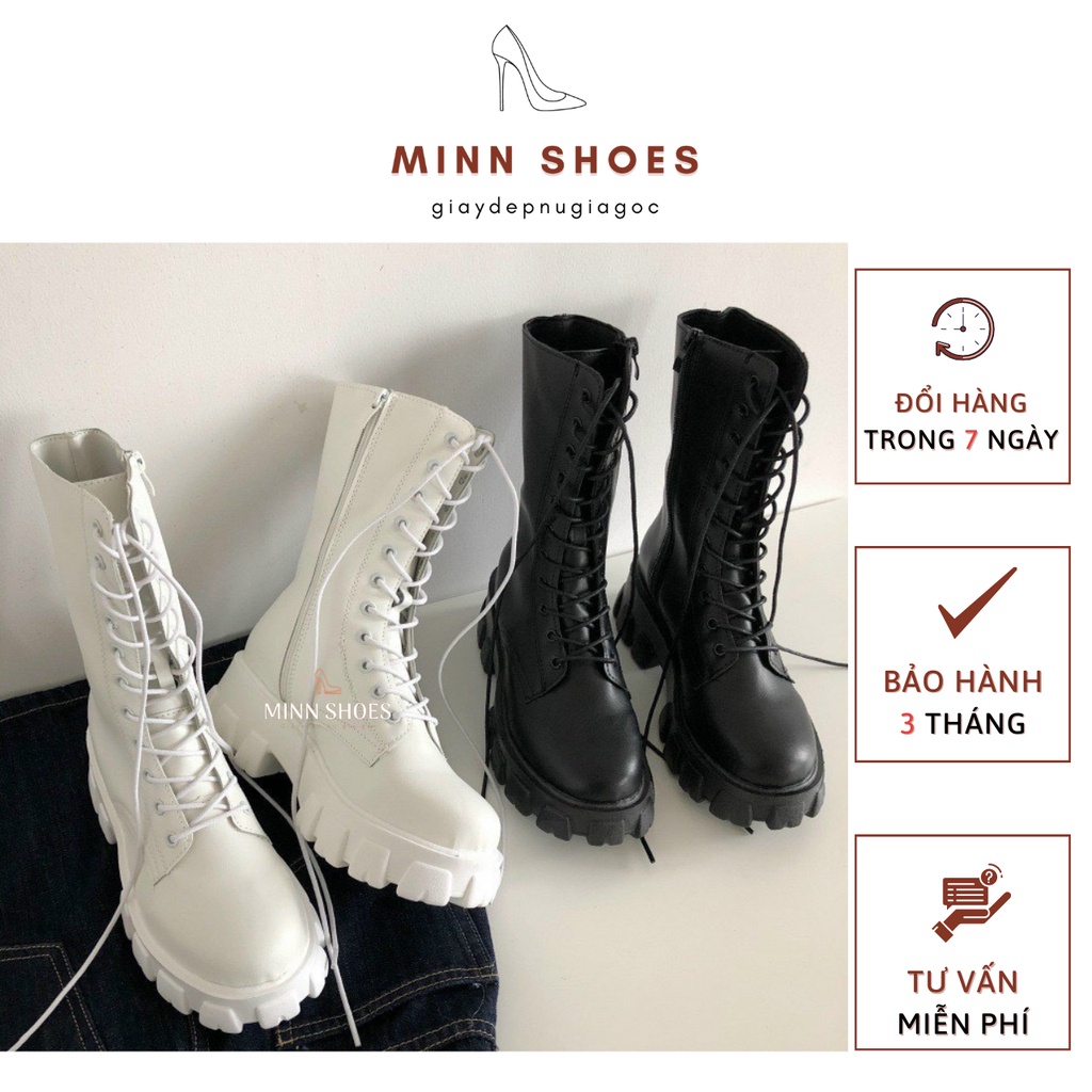 Bốt dây cổ cao 20cm ulzzang khóa kéo đế vuông 5cm 2 màu đen trắng thời trang thu đông 2021 (B3) | BigBuy360 - bigbuy360.vn