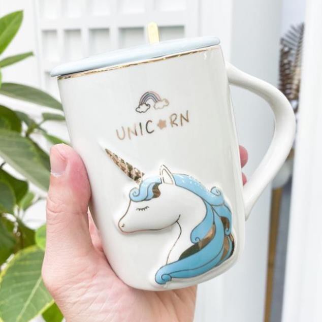 Ly Cốc Sứ Unicorn Kỳ Lân 450ml Có Nắp và Thìa Xinh Xắn