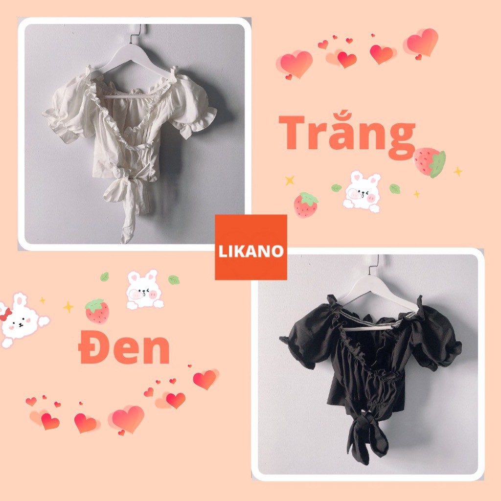 Áo croptop kiểu ôm tay ngắn, áo thun croptop tay phồng  cổ V viền bèo thắt nơ 2 màu LIKANO CRT77