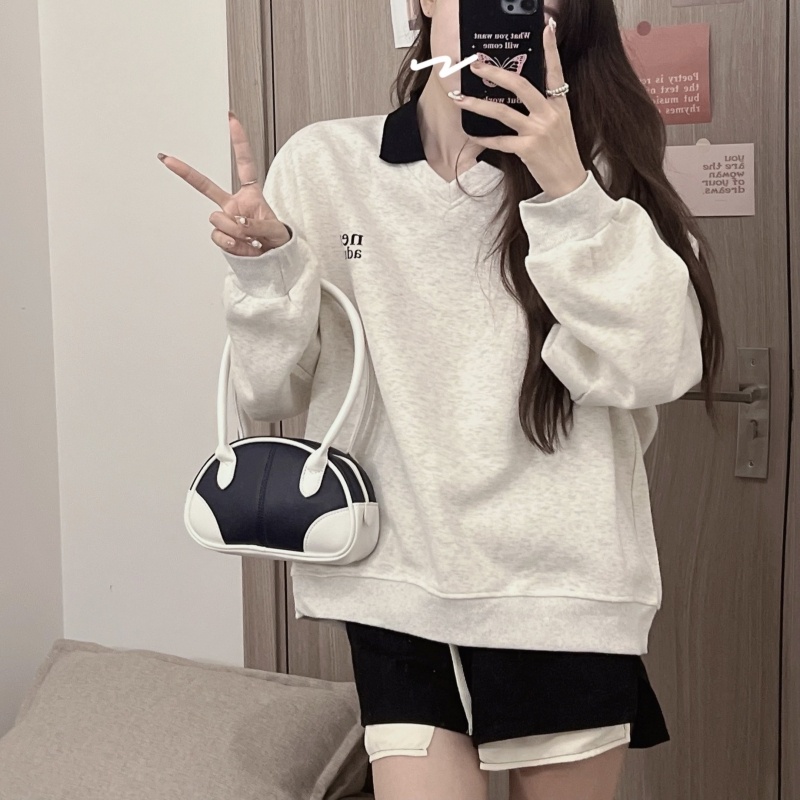 ZHELIHANGFEI Áo Thun Nỉ Tay Dài Có Cổ Dáng Rộng In Họa Tiết Phong Cách Preppy