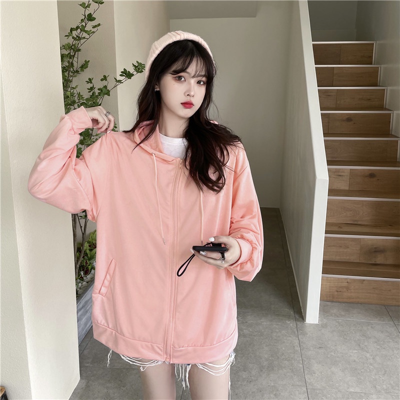 SUXI (MỚI) Áo hoodie nữ dáng rộng màu trơn có khoá kéo