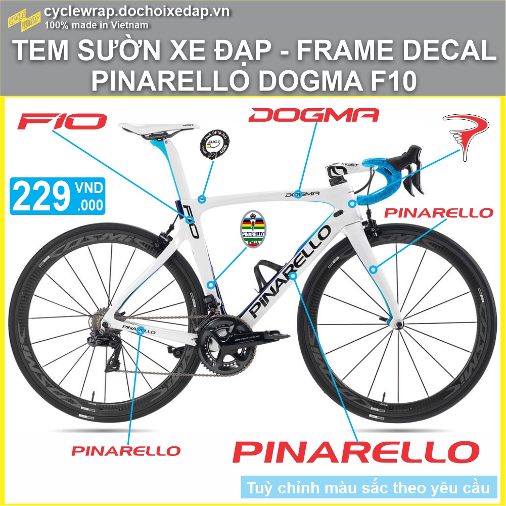 Tem decal dán sườn xe đạp đua đường trường PINARELLO DOGMA F10 | Road frame decal | CycleWrap