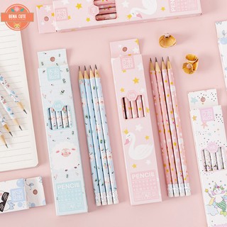 Hộp bút chì gỗ HB kèm tẩy cute SEREIN set 10 bút chì hoạt hình đáng yêu văn phòng phẩm phong cách Hàn Quốc