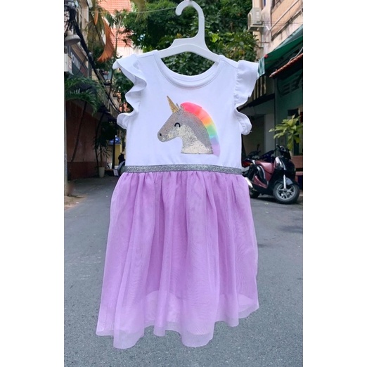 Đầm thun xuất xịn Tay Cánh tiên phối VOAN Đính KIM SA Ngựa Pony bé gái Cat & Jack 2-5T