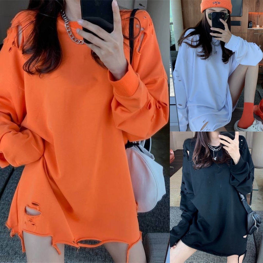 Áo hoodie mỏng tay dài dáng rộng thiết kế rách thời trang mới cho nữ