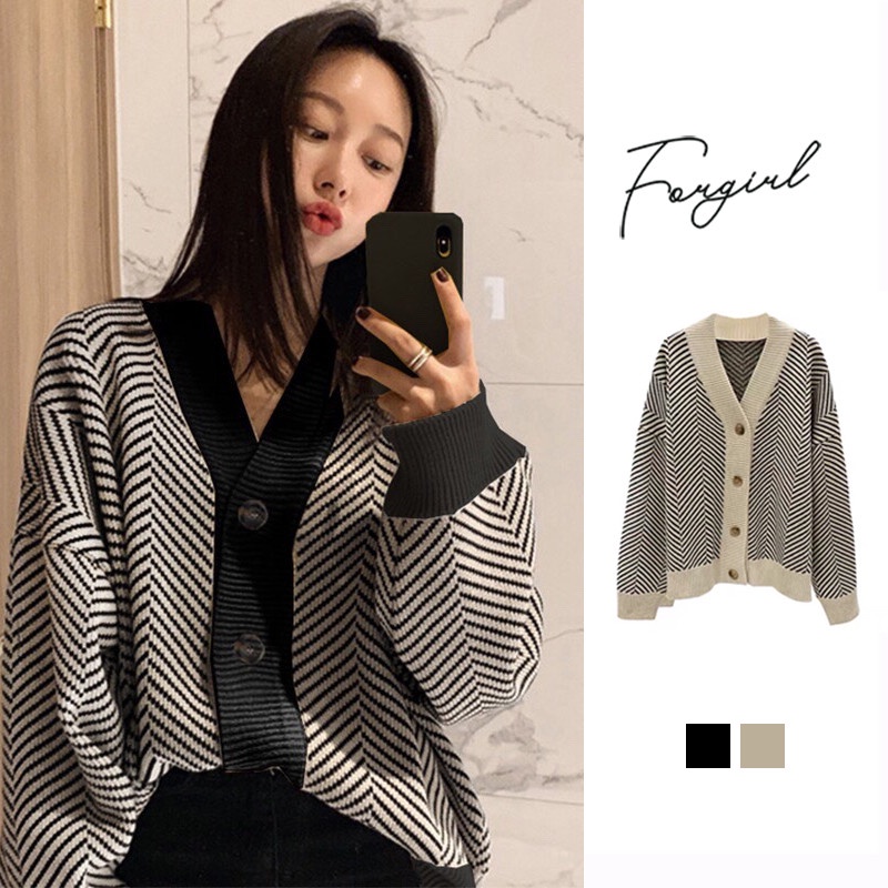 Áo khoác cardigan len kẻ lá dừa dáng xuông rộng