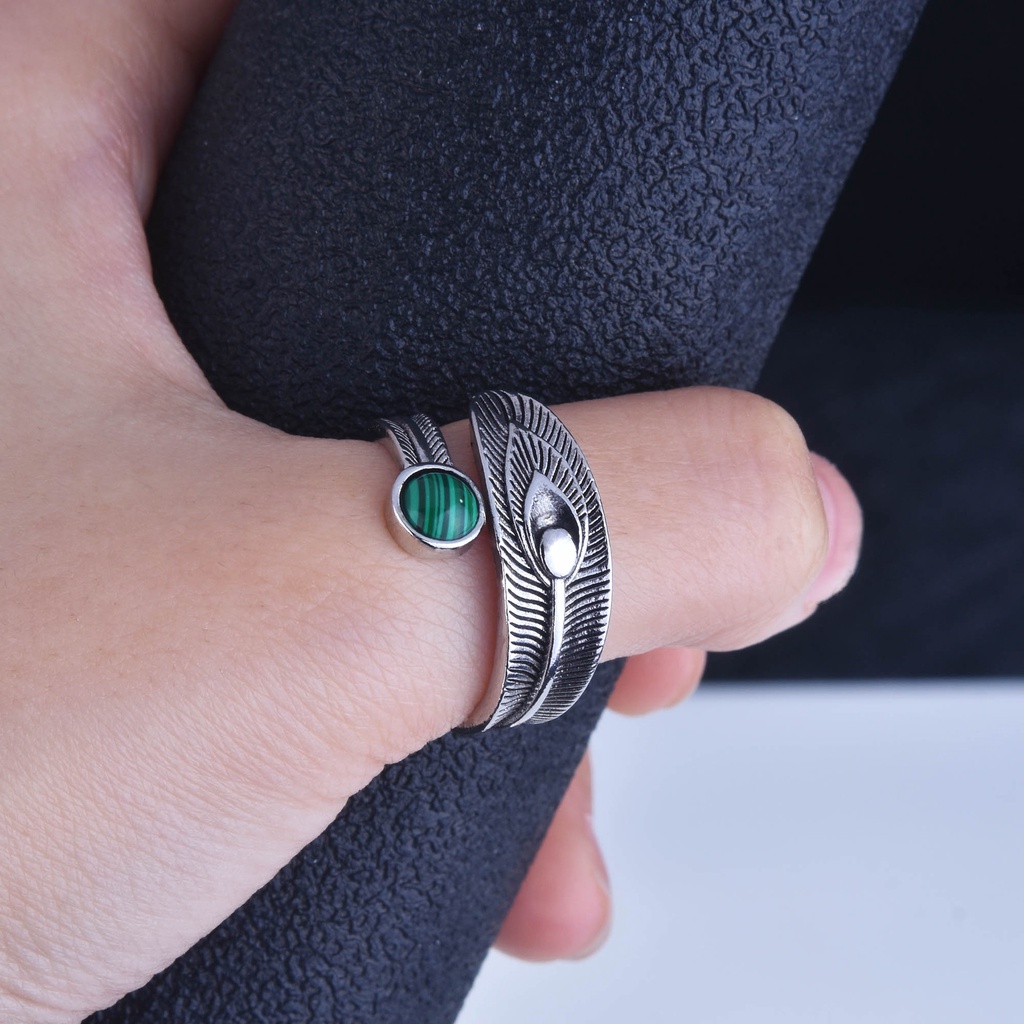 Nhẫn Mạ Bạc 925 Đính Đá Malachite Phong Cách Vintage