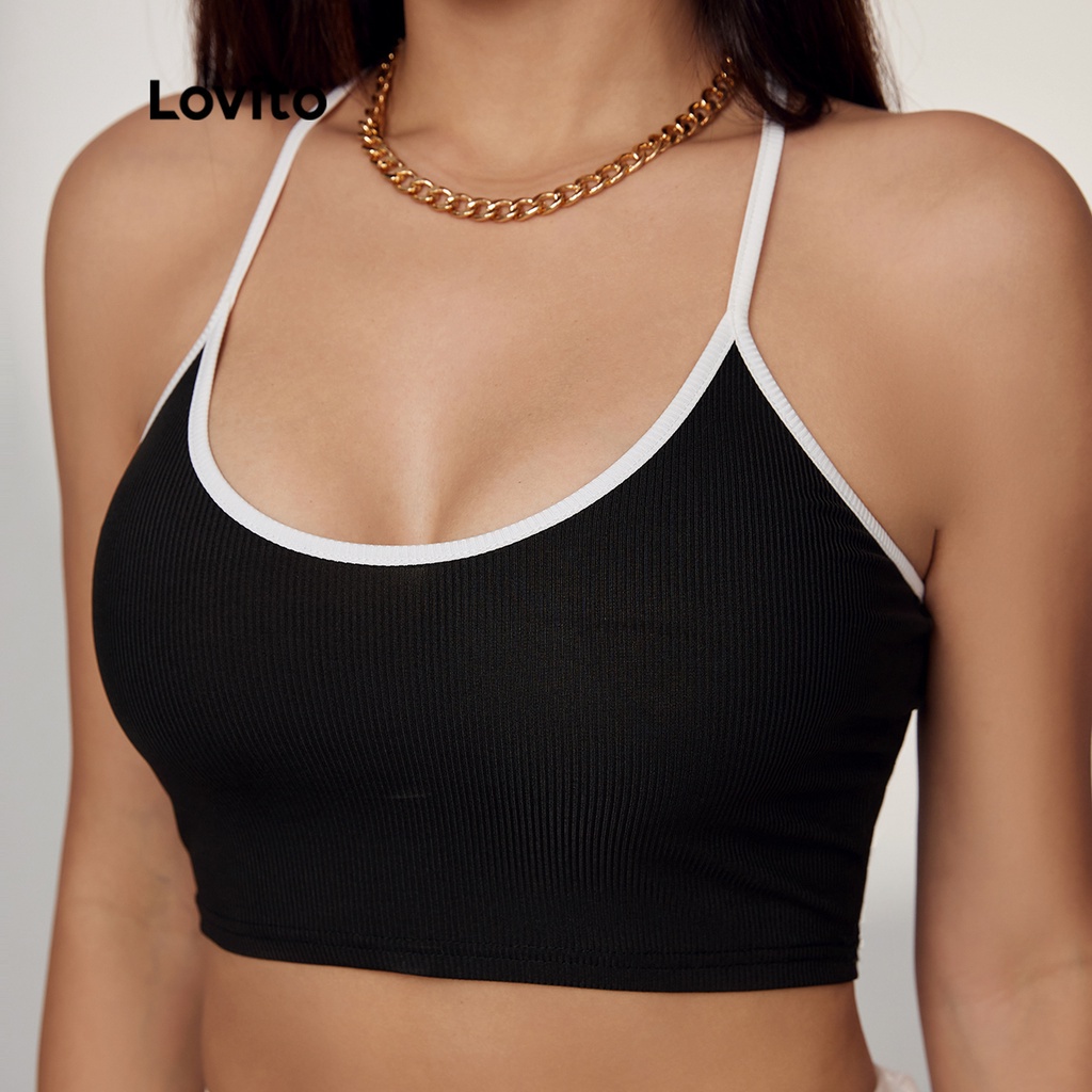 Áo yếm lửng Lovito cột dây sau lưng phối viền tương phản màu trơn thường ngày L17D127 (Màu đen)