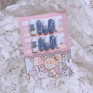 Nail box tone xanh phối charm gấu form móng than