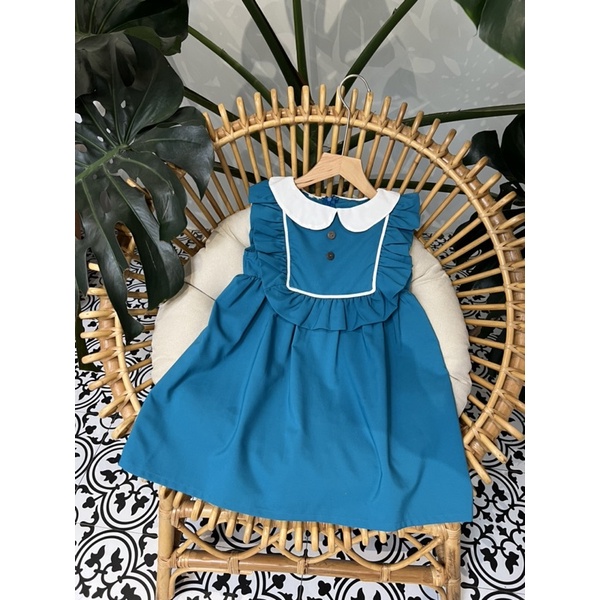 Váy bé gái dáng suông cổ sơ mi trắng vải Sunkid SN12 màu xanh size trẻ em 4-12 tuổi