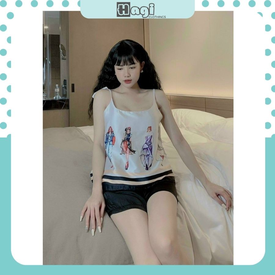 Bộ ngủ nữ mặc nhà 2 dây lụa cao cấp, Pijama nữ lụa HAGI