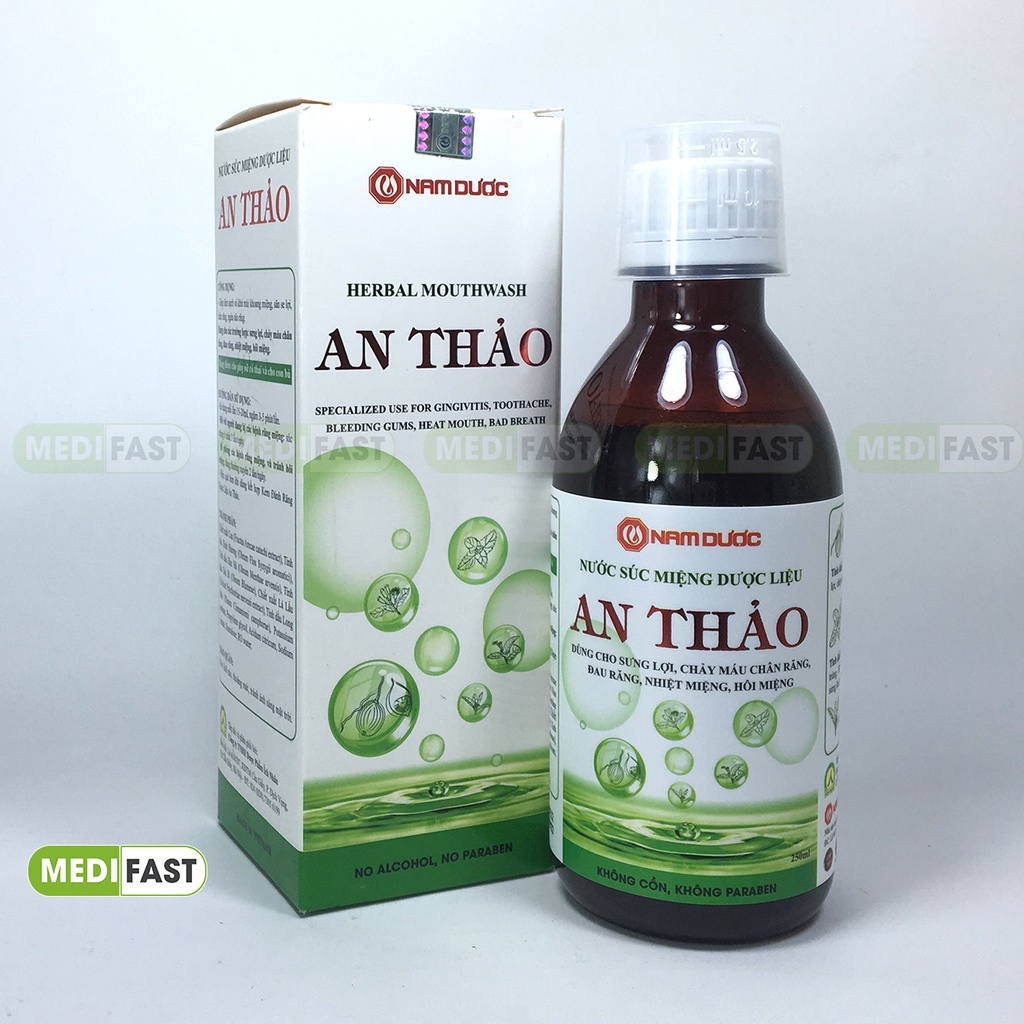 Nước súc miệng An Thảo từ thảo dược phòng các bệnh răng miệng từ vỏ cau, tinh dầu bạc hà, đinh hương