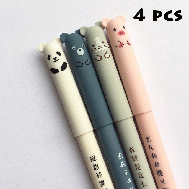 4 Pcs Pig Panda Mouse Bear Erasable Velvet Gel Pen Rollerball Pens