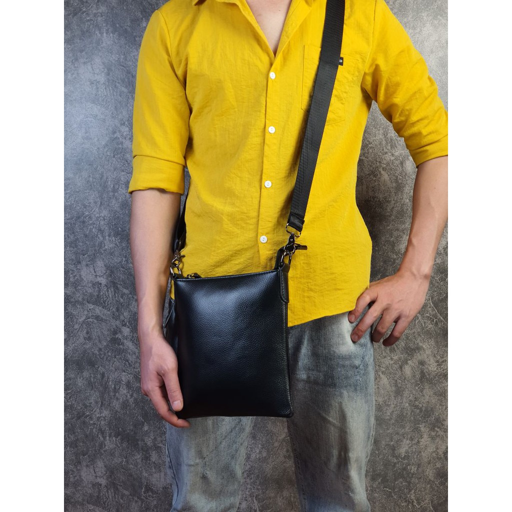[Da thật][Freeship] Túi đeo chéo da bò mill TD111 (Black) - 100% da bò thật, BH 3 năm