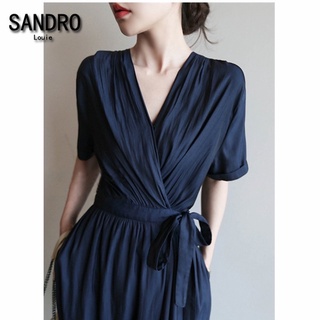 Đầm Nữ Cổ Chữ V Màu Xanh Navy Phong Cách Nhật Bản Sang Trọng