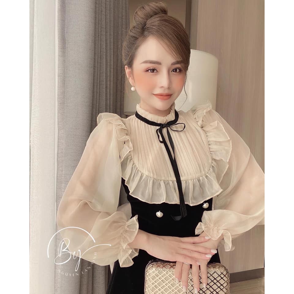 Váy nhung cổ sơ mi pha bèo