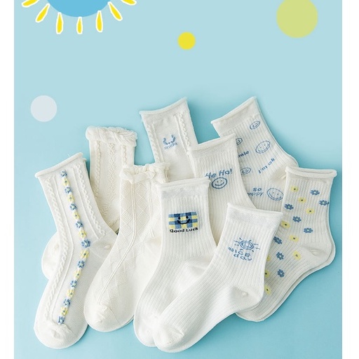 Vớ tất trắng cổ cao xoăn lai họa tiết Heho smile xanh pastel Ullzang