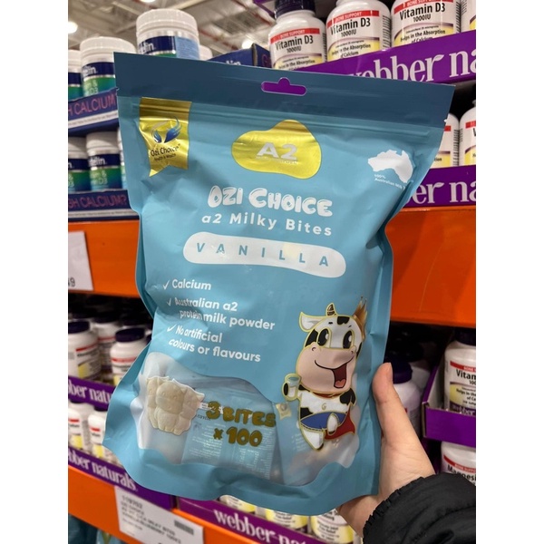 Kẹo sữa Ozi Choice A2 Milky bite ăn liền vị vani cho các bé từ 3 tuổi trở lên đến các cụ già, mẹ bầu