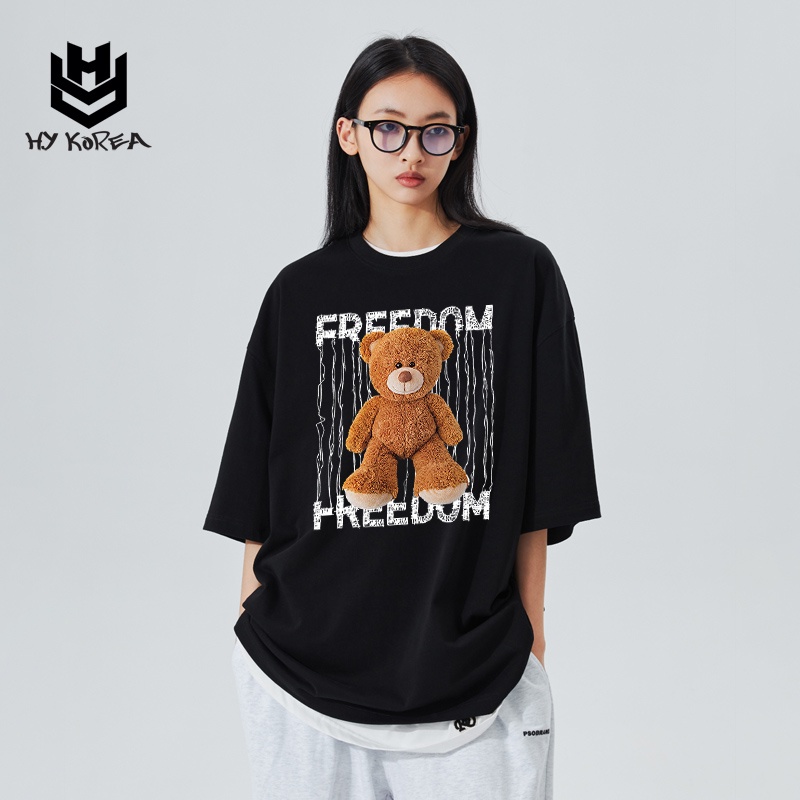 Áo Thun Tay Lỡ 100 Cotton HY Korea In Hình Gấu Freedom 534 Nam Nữ