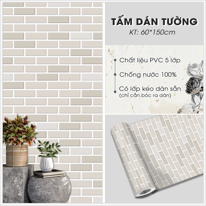 Giấy Dán Tường Chống Bẩn Trang Trí Phòng | Decal Dán Tường Giả Vân Gạch Màu Kem ( M2)