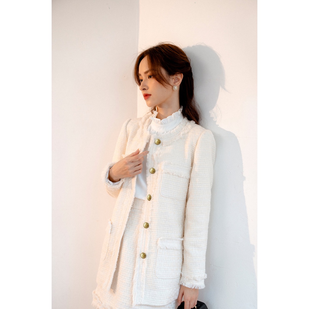 Áo khoác dạ tweed cổ tròn túi ốp tay nẹp tua rua TIINSTORE ADK255 | BigBuy360 - bigbuy360.vn