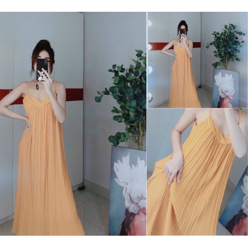 [Mã FAGREEN55 giảm tới 30K đơn 99K] Đầm maxi 2 dây dập ly sang chảnh đầm cổ V dáng dài form rộng đầm bầu dáng suông free