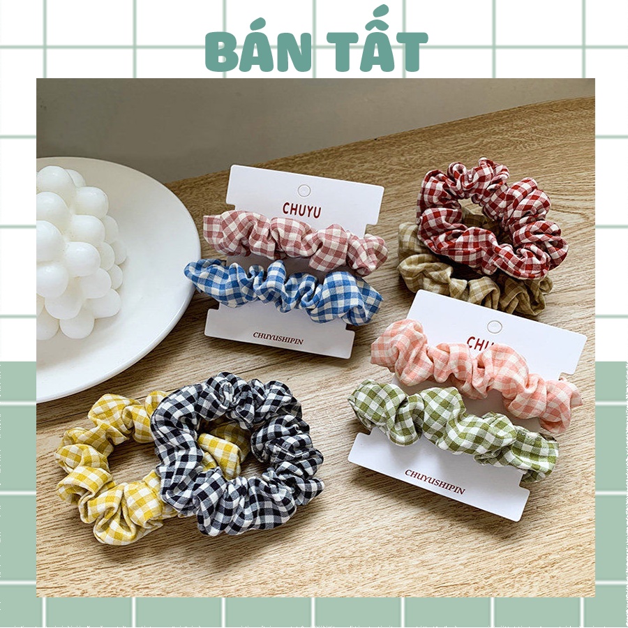 Dây cột tóc vải nhỏ scrunchies hoạ tiết caro dễ thương