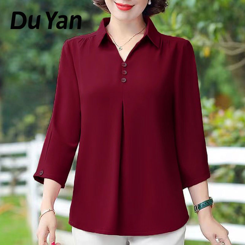 Du YAN Áo Sơ Mi Chui Đầu Dáng Rộng Tay Lửng Màu Trơn Phong Cách Phương Tây Cho Phụ Nữ Trung Niên Và Trung Niên