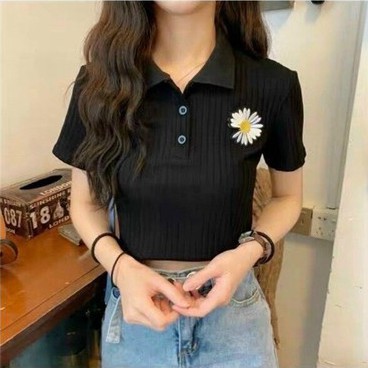 Áo croptop nữ kiểu cổ bẻ thêu hoa cúc