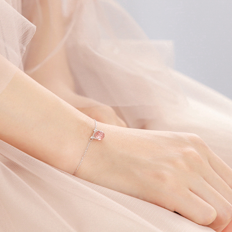 Vòng đeo tay chuỗi bạc có thể điều chỉnh mặt pha lê hồng phong cách Hàn Quốc