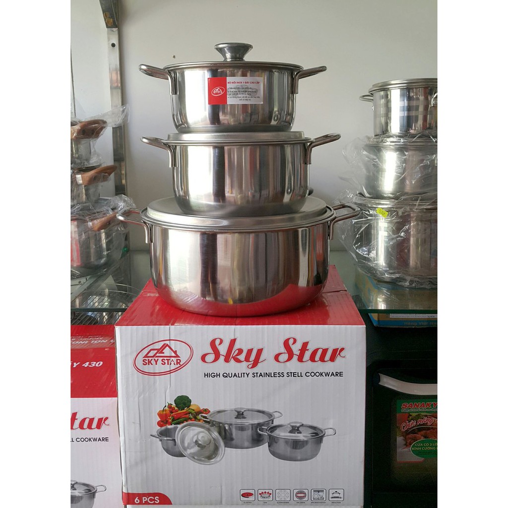 Bộ nồi  inox 3 Cái Sky Star 1 Đáy sử dụng bếp từ 16cm 18cm 24cm