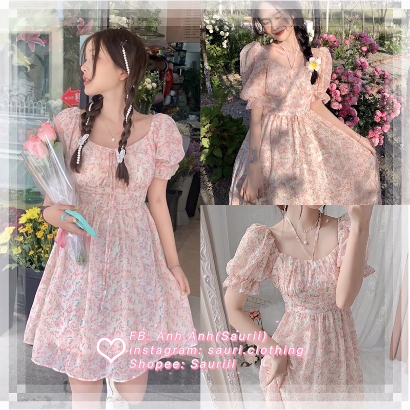 SẴN🎀Đầm tiểu thư xoè hồng nhạt voan hoa nhí ulzzang đầm công chúa xinh xắn/Váy bánh bèo trễ vai vintage retro dễ thương
