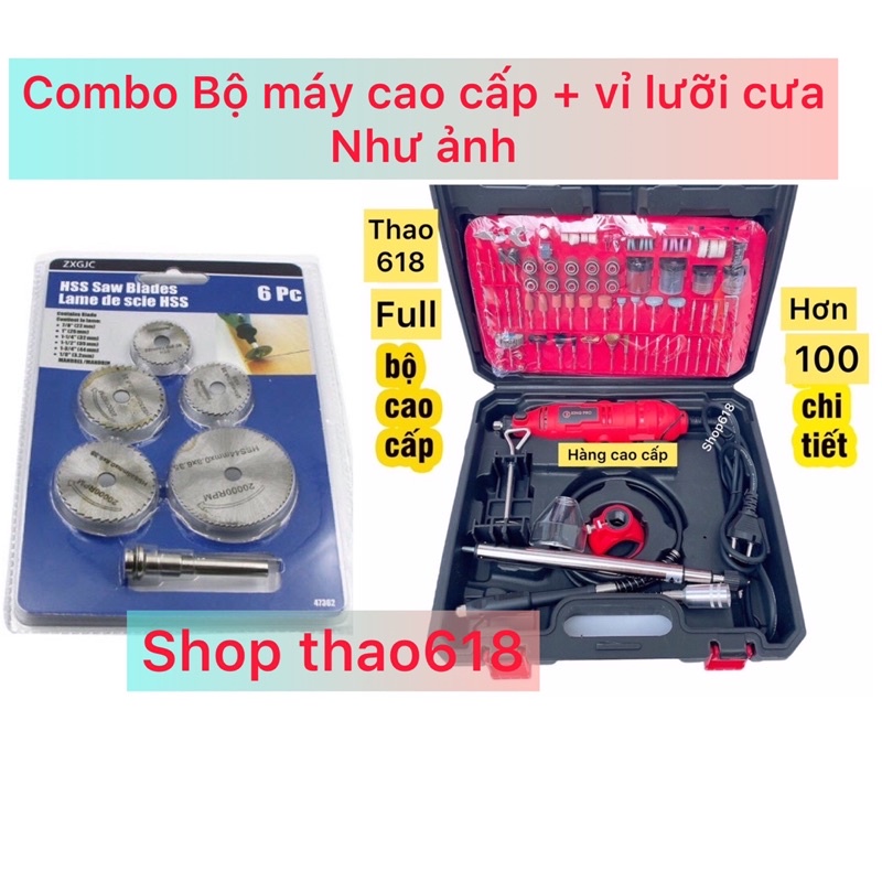 ComBo Bộ Máy Khoan Mài cắt Khắc mini Đa Năng Kingpro 200W 150 chi tiết (Đỏ) Điều Chỉnh 6 tốc độ + bộ vỉ 5 lưỡi cưa cắt