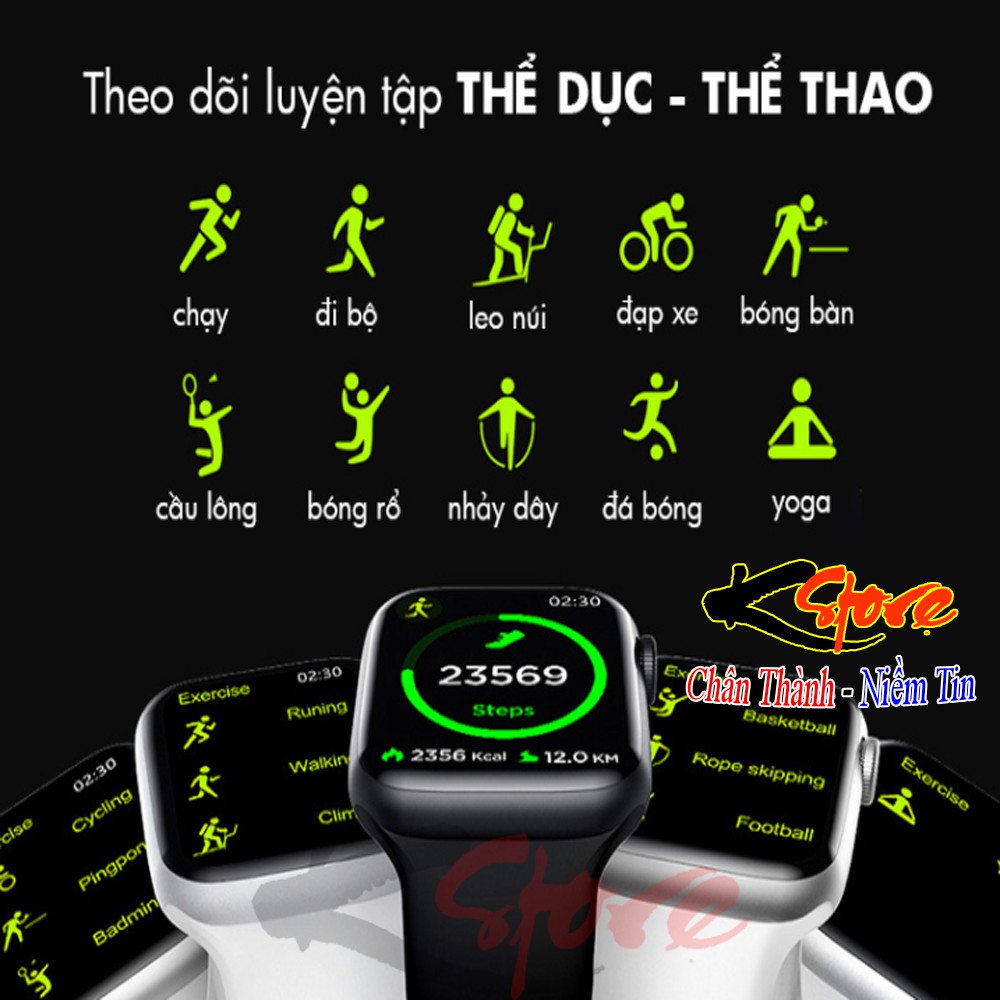 Đồng Hồ Thông Minh Seri 6 Logo Táo Màn Hình Tràn Viền 2 Nút Vật Lý Sạc Không Dây Full Thông Báo Tiếng Việt