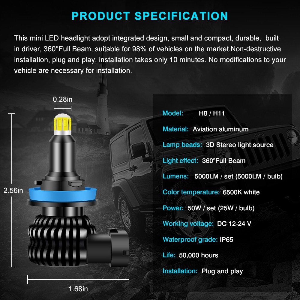 Đèn pha LED 5000LM h7 LED Canbus H1 H3 H11 H8 9005 HB3 9006 Đèn pha xe hơi HB4 Đèn pha 6500K Đèn sương mù Không có lỗi 12-24V phụ kiện xe hơi