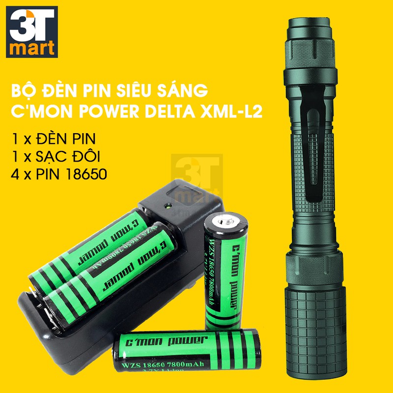 Bộ 1 đèn pin siêu sáng C'mon Power DELTA XML-L2 + 4 pin 18650 + 1 bộ sạc đôi (xanh lá)