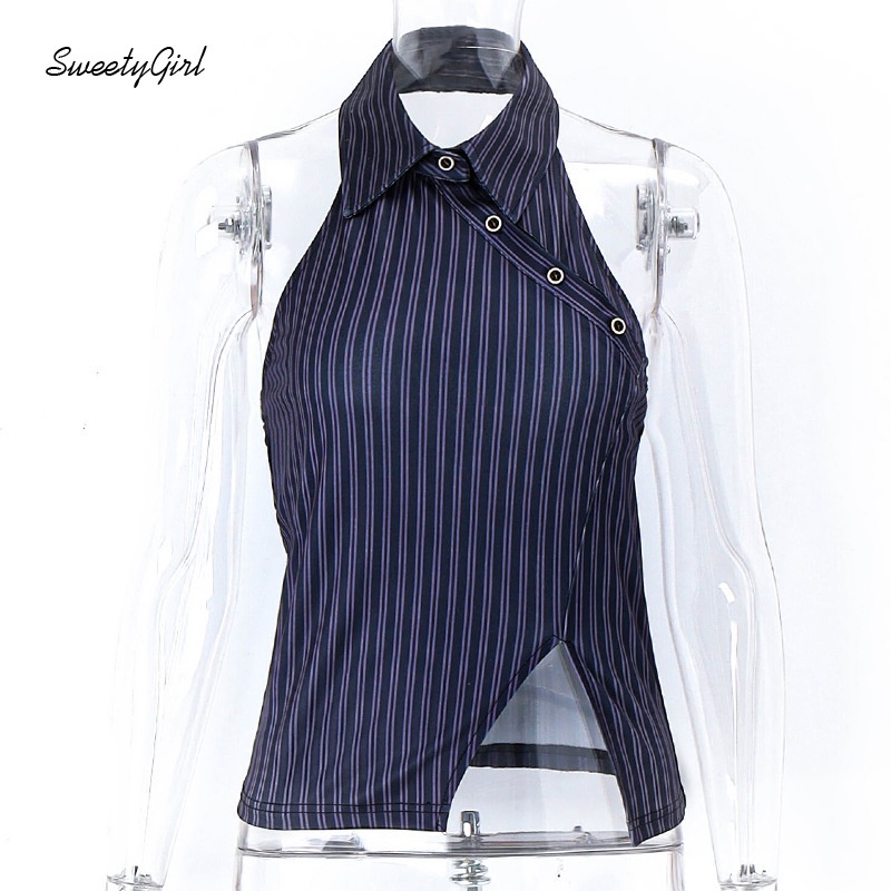 Áo Thun Polo Không Tay Họa Tiết Kẻ Sọc Thời Trang Sành Điệu Cho Nữ