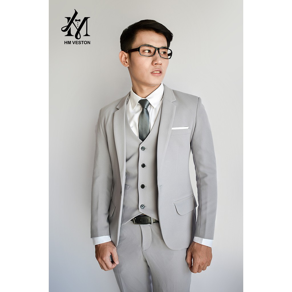 Combo bộ vest nam ôm body màu xám ghi  tặng kèm cà vạt nơ