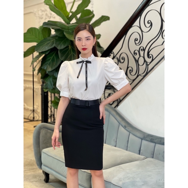 Thanh lý & Pass - Áo sơ mi trắng công sở, cổ nơ trẻ trung, tay cộc bồng nhẹ Huong Boutique