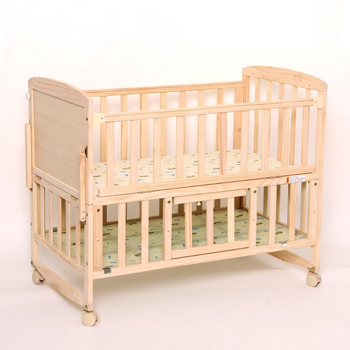 Giường cũi cho bé kèm màn, quây và đệm 2 tầng bằng gỗ thông cao cấp chắc chắn, cũi gỗ đa năng cho bé