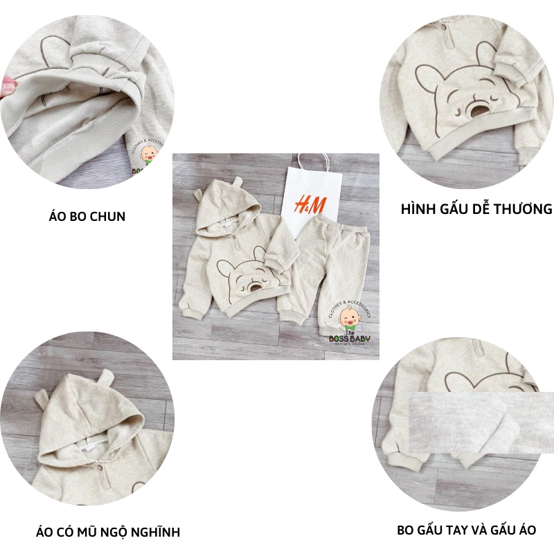Đồ bộ cho bé trai bé gái sét nỉ bông gấu Po.oh có mũ H.M xuất xịn Xiaomimi