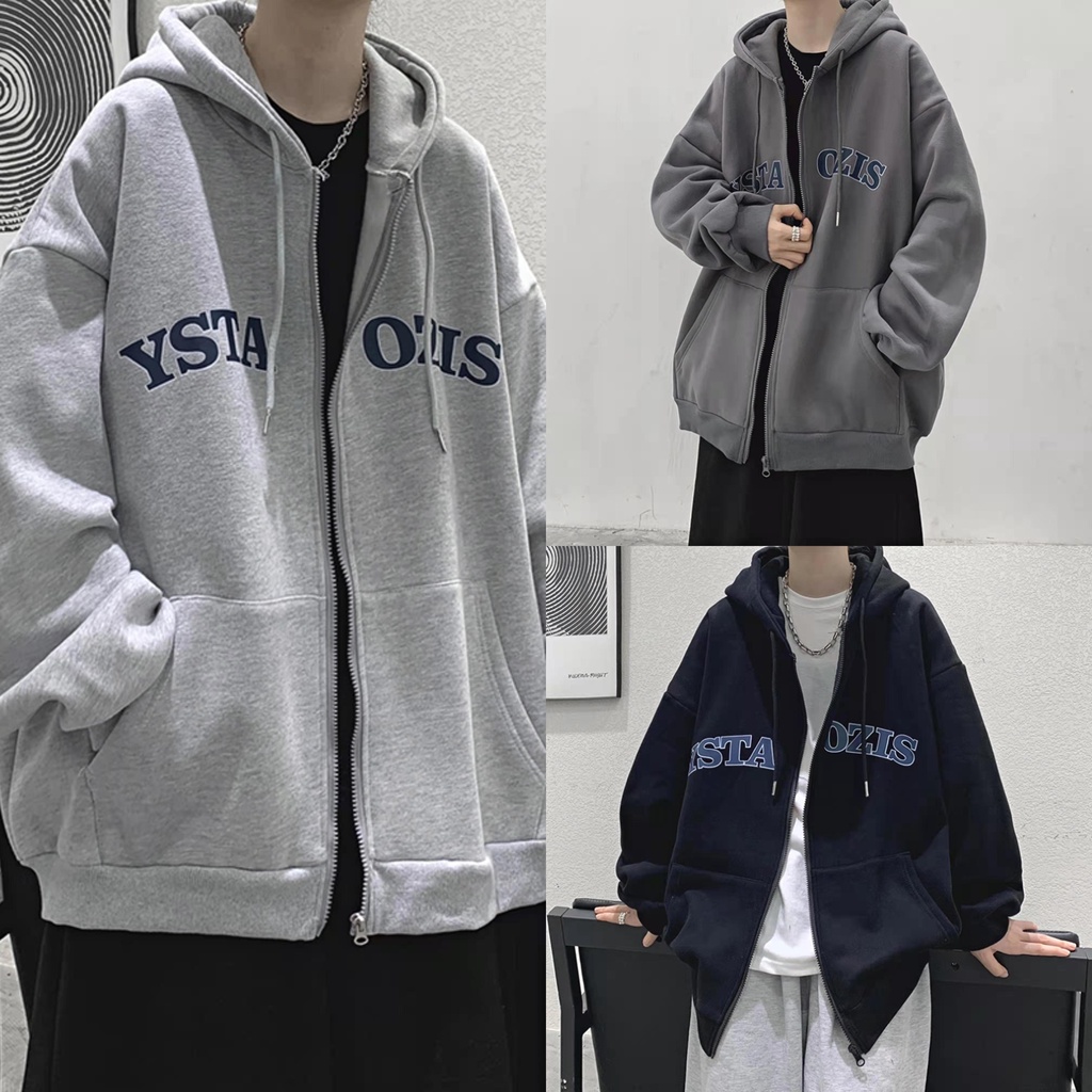 Áo khoác hoodie dáng rộng phối khóa kéo in họa tiết cá tính dễ phối đồ tùy chọn màu sắc cho nam