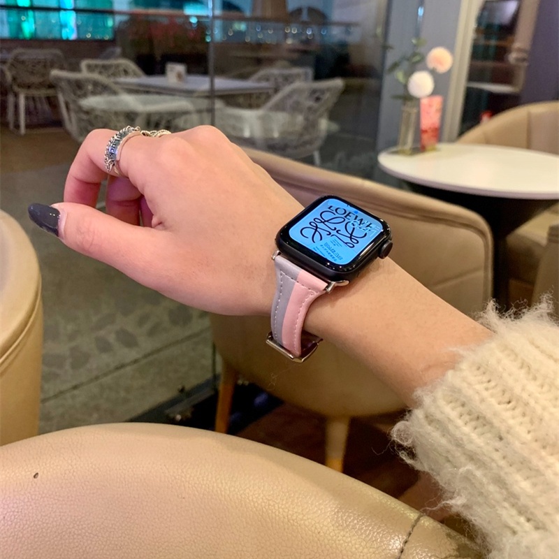 Dây Đeo Bằng Da Màu Tương Phản Cho Đồng Hồ Thông Minh Smart Watch Series 7 6 5 4 SE 45mm 41mm 44mm 38mm 40mm