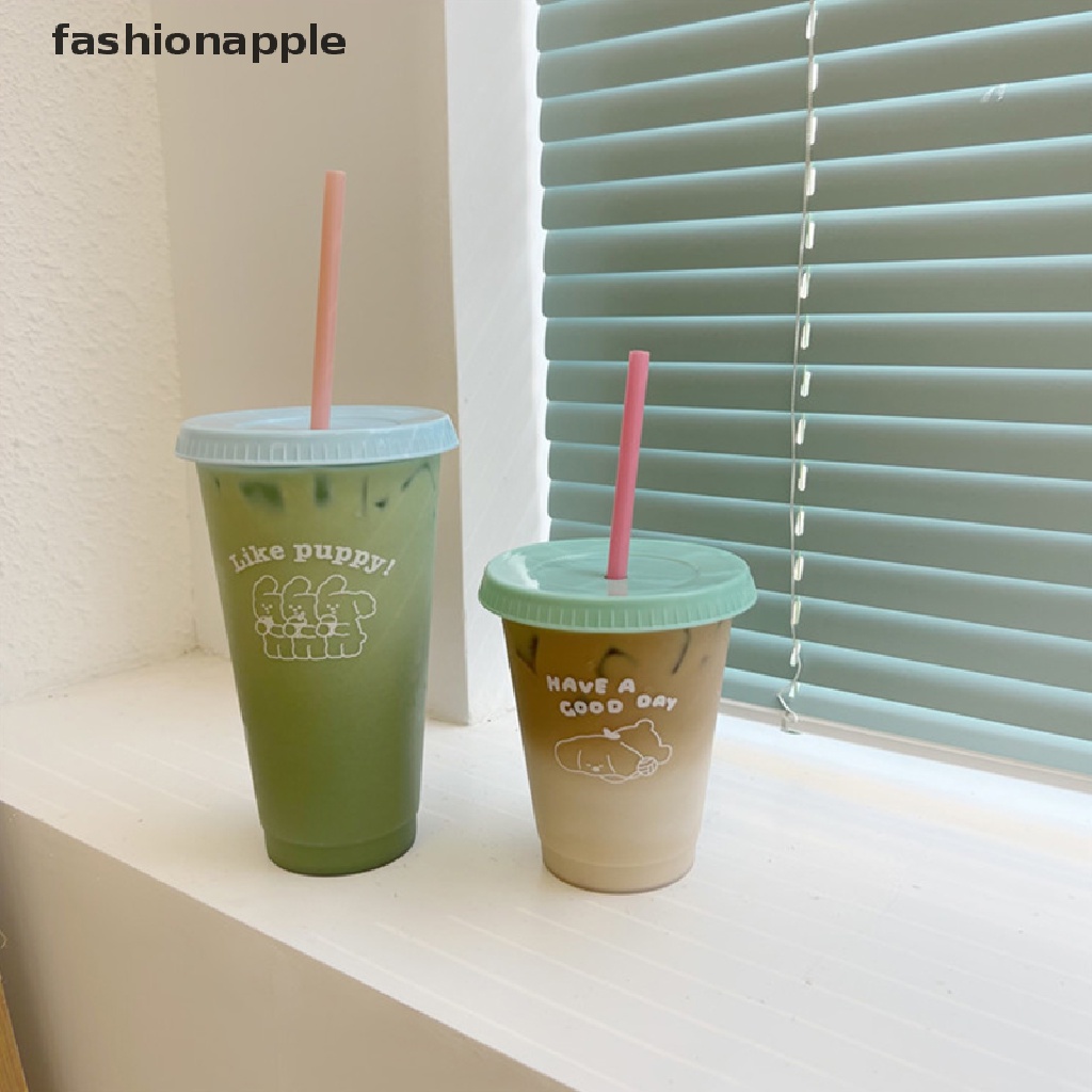 Bình Nước Nhựa Có Nắp Kèm Ống Hút Họa Tiết Dễ Thương