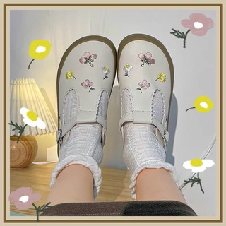Giày búp bê có quai mori girl trắng kem thêu hoa đế nâu dễ thương ulzzang Hàn Quốc Yannie Lolita