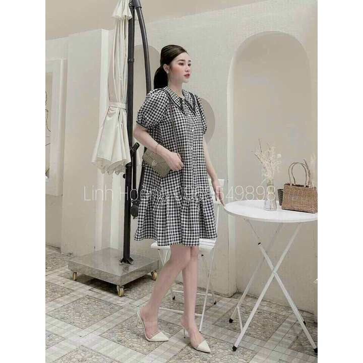 Đầm caro đen dáng suông đuôi cá, đầm tay búp cổ bèo ren phối nút,đầm bánh bèo babydoll đi chơi xinh xắn