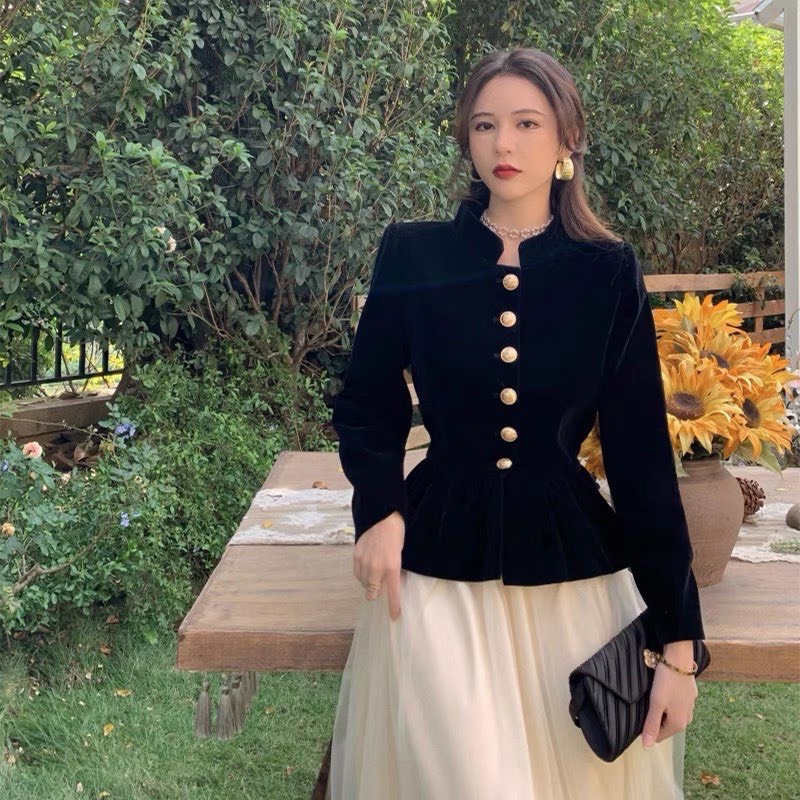 Áo sơmi nhung cổ tàu khuy đồng phong cách tiểu thư sang chảnh