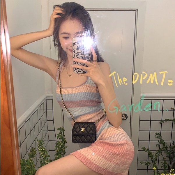 [MURIOKI] Đầm Dệt Kim Hai Dây Mini Ôm Dáng Màu Cầu Vồng Phong Cách Hàn Quốc Cho Nữ