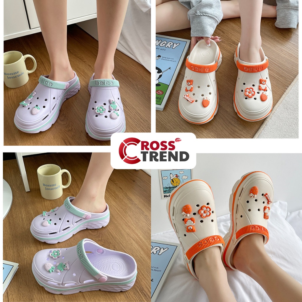 Dép cross đế cao, Dép crocs nữ hottrend 2023 độn 4.5cm Beice êm chân siêu nhẹ CROSS TREND