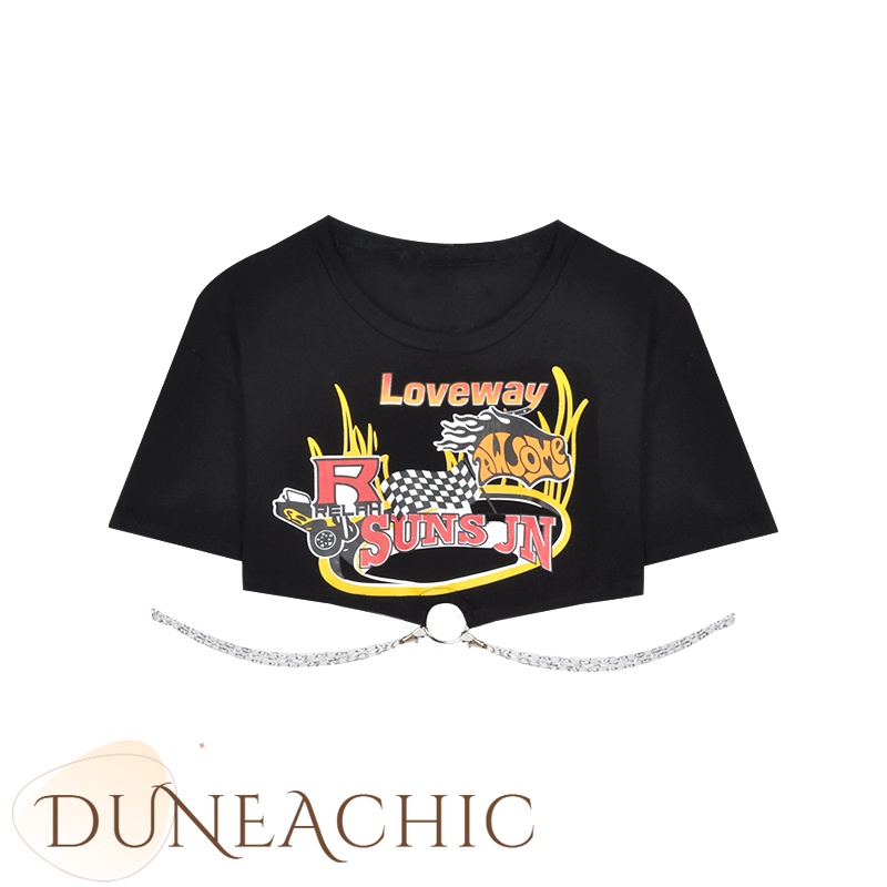 DUNEA Áo Thun Tay Ngắn Màu Đen Phối Dây Xích Phong Cách Retro Cho Nữ